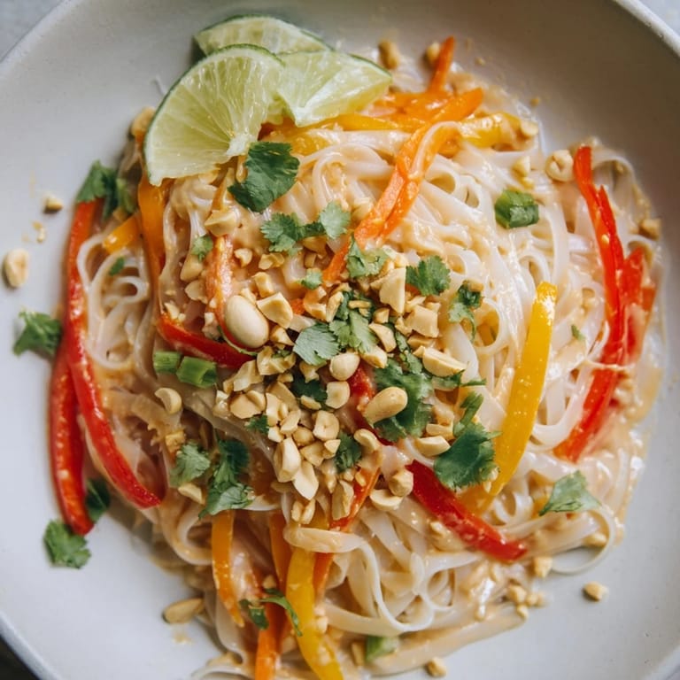 Quick and easy Spicy Peanut Noodles meal, perfectly coated in rich peanut sauce, ready to serve and enjoy.