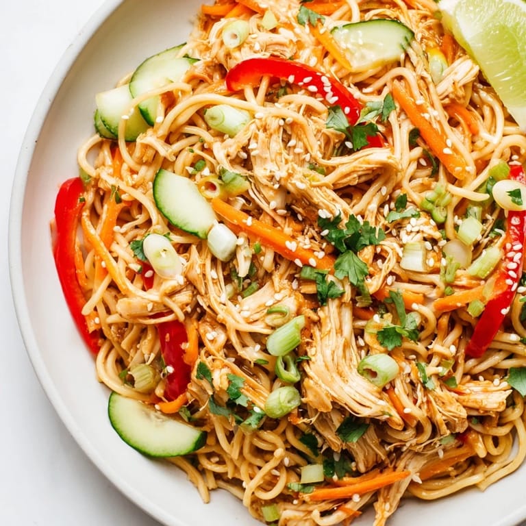Freshly tossed Chilled Chicken Noodle Salad, a refreshing, dairy-free lunch or light dinner option.