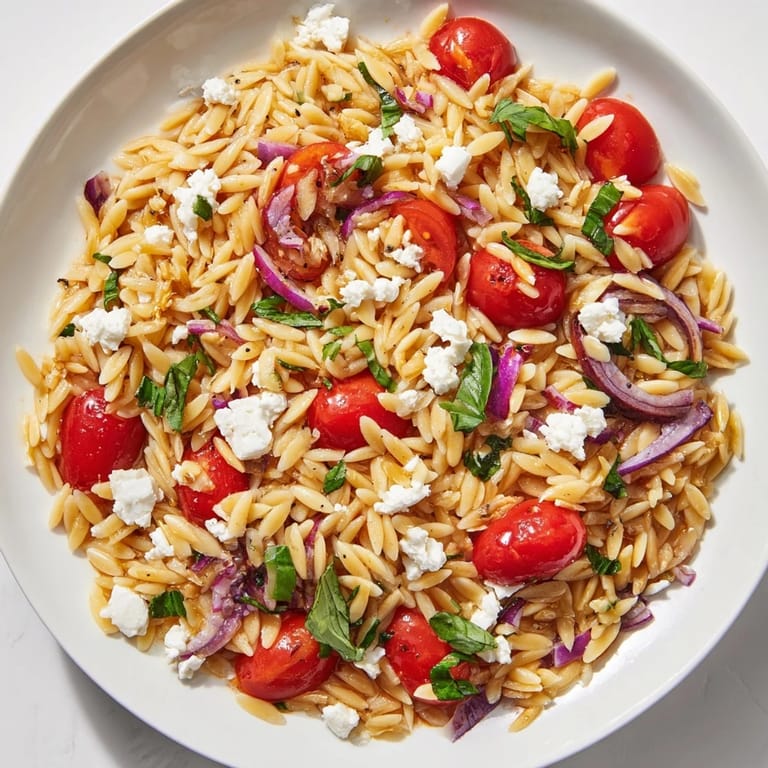 A refreshing bowl of Tomato Feta Orzo, a perfect Mediterranean side dish with fresh herbs.