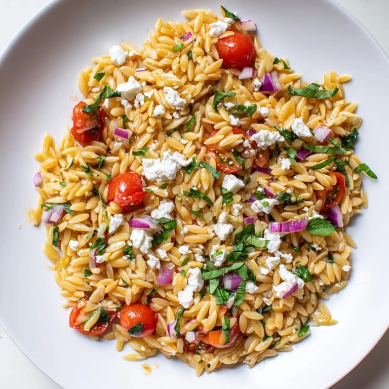 Flavorful Tomato Feta Orzo served beautifully, showcasing plump tomatoes and creamy feta for lunch.
