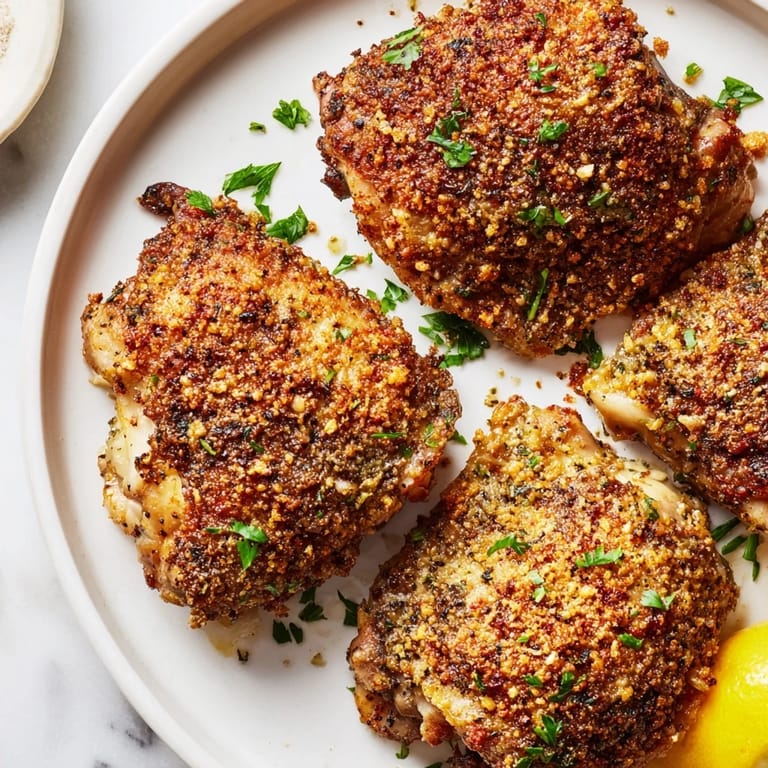 Freshly cooked crispy garlic chicken thighs served with parsley and lemon, ready to eat.