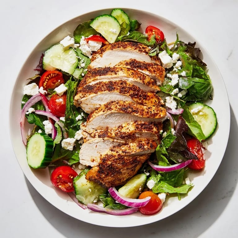 Imagine thinly sliced Quick Pan-Seared Chicken Salad, served beautifully on a plate with crumbled feta and a light dressing.