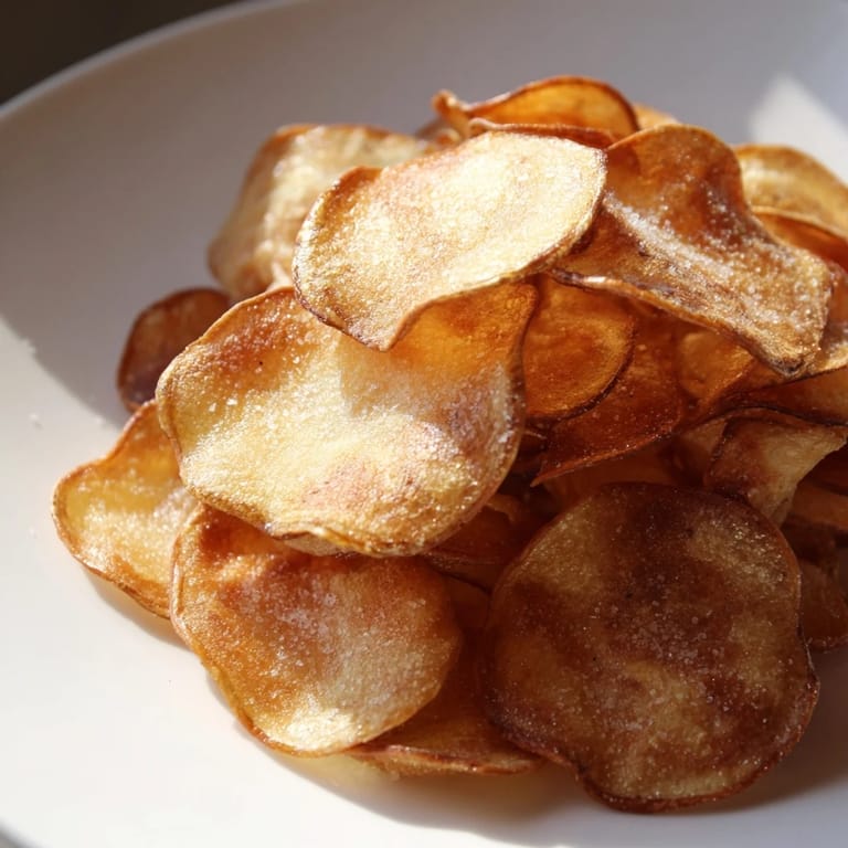 Freshly cooked air-fryer potato chips, thinly sliced and perfectly golden, offering a satisfying crunch.
