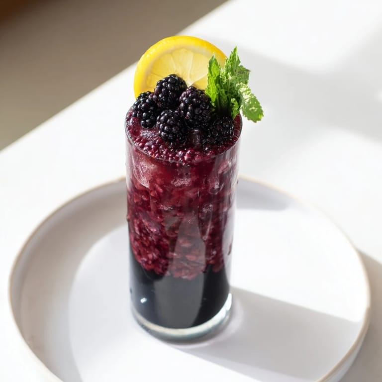 Enjoy the intriguing color contrast: a Dark Matter Mocktail served with fresh blackberry garnish, a delicious non-alcoholic treat.