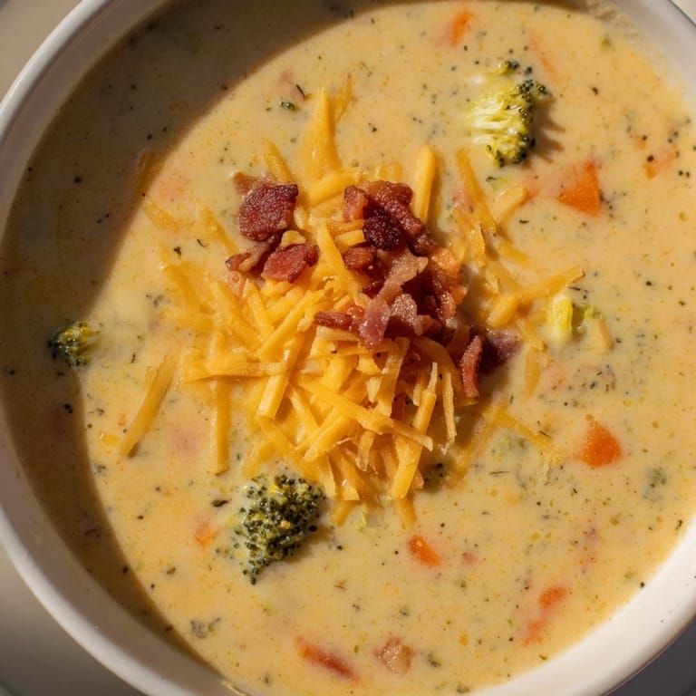 A warm bowl of Broccoli Cheddar Soup, served with golden grilled bread for dipping and sharing.