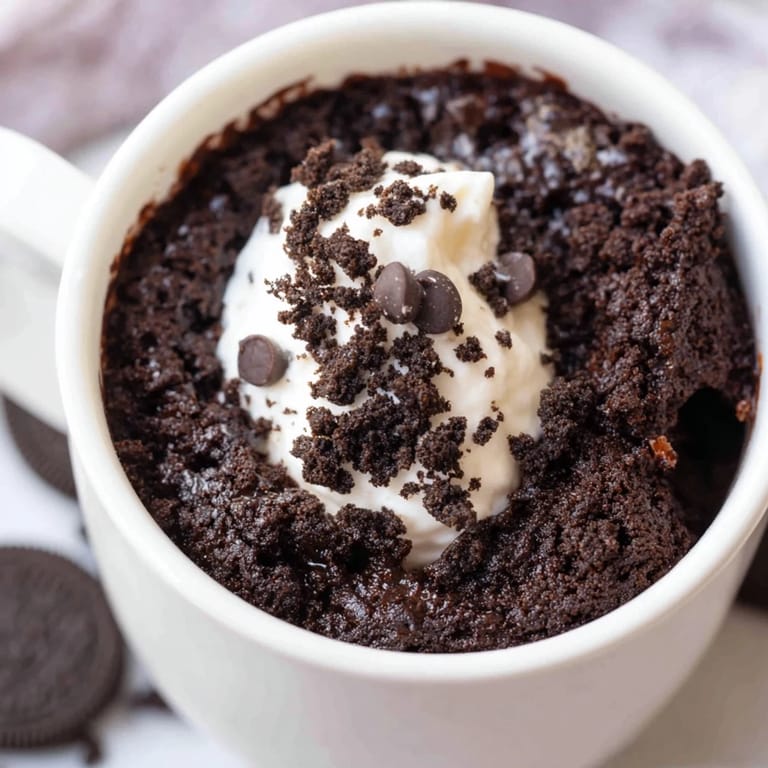 A fluffy, individual Oreo mug cake, moist on the inside, enticing with its chocolate cookie aroma.