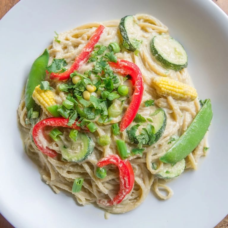 Flavor-packed Thai Curry Pasta: tender noodles coated in fragrant green curry sauce, ready to serve.
