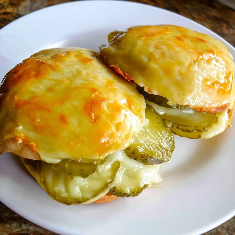 Close-up of a warm Pickle Bread Sandwich, a low-carb sandwich with melted cheddar.