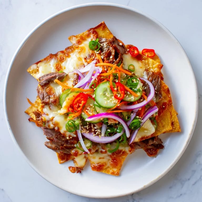 Golden baked Korean BBQ Nachos, featuring beef and vegetable layers with a sprinkle of fresh sesame seeds.