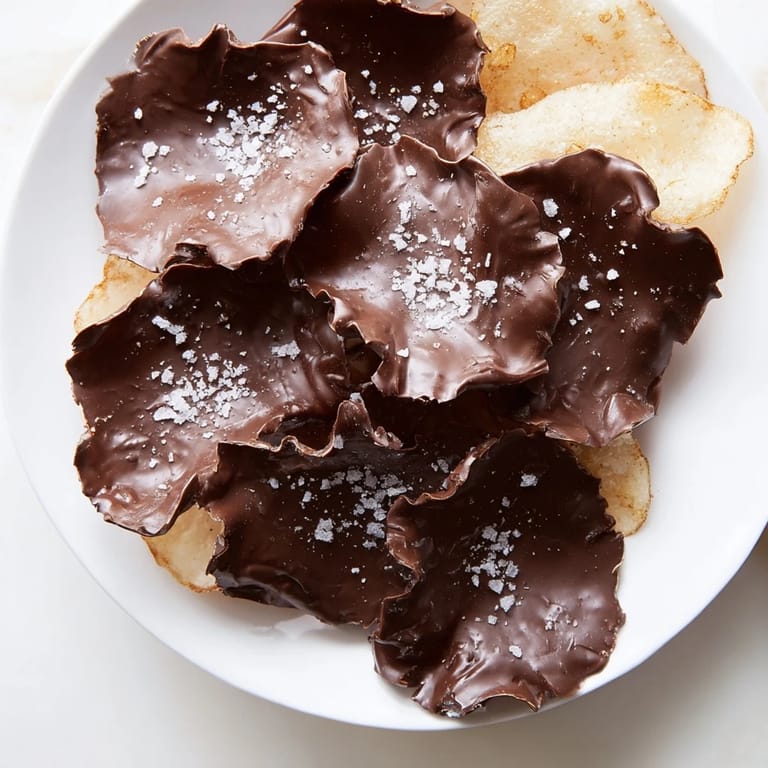 Golden sea salt sparkles atop a freshly chilled batch of homemade Chocolate Potato Chip Bark dessert.