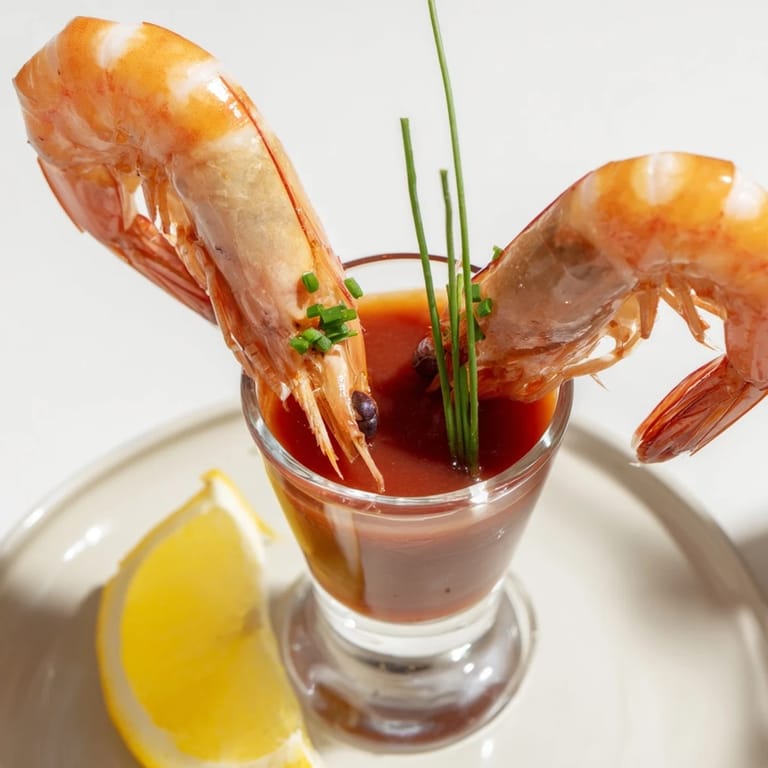 Enjoy fresh Retro Prawn Cocktail Shooters: Plump shrimp sit atop a zesty sauce, perfect for elegant appetizers.