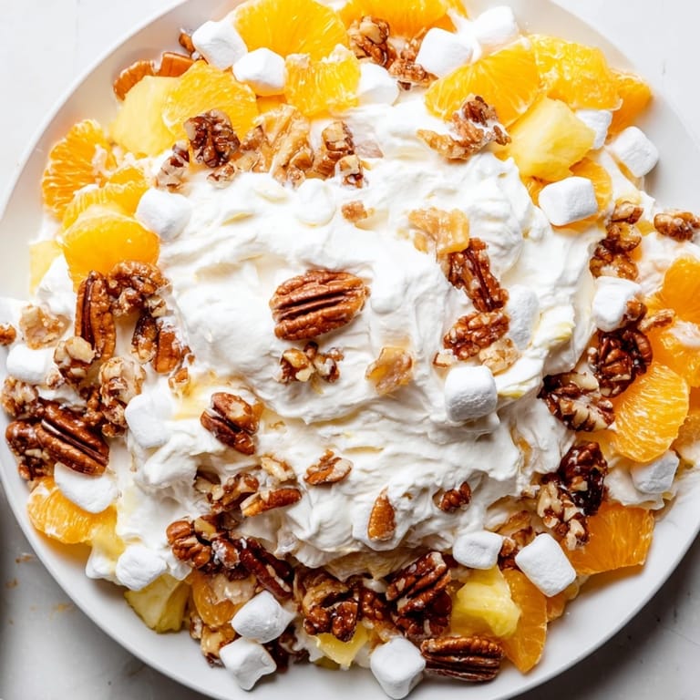 Close-up of a delightful serving of Elevated Ambrosia Salad, perfect for any dessert spread.
