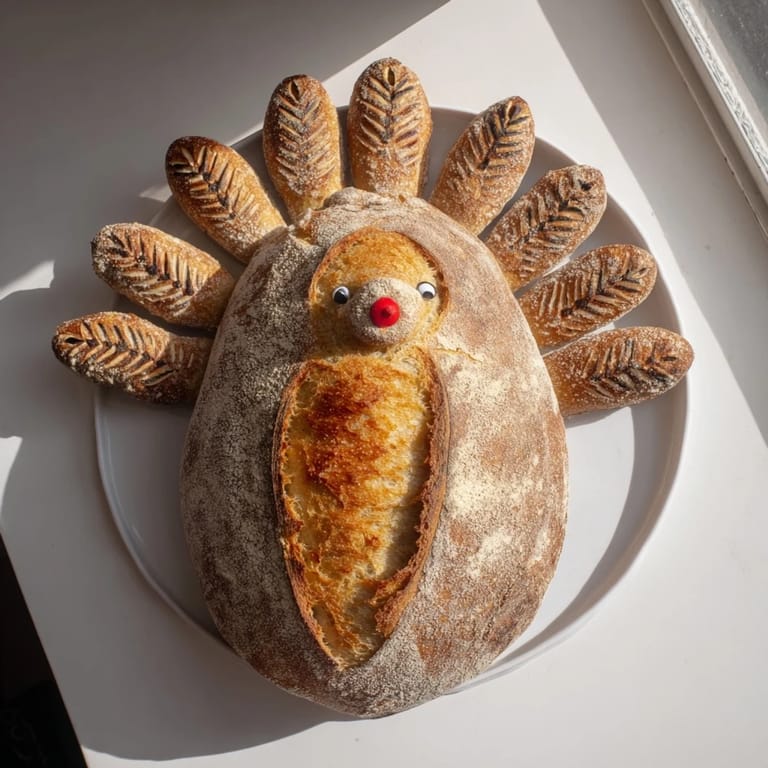 Rustic turkey sourdough loaf with feather-like scoring, seeds, and a crusty golden exterior, served warm with butter on a farmhouse table.  