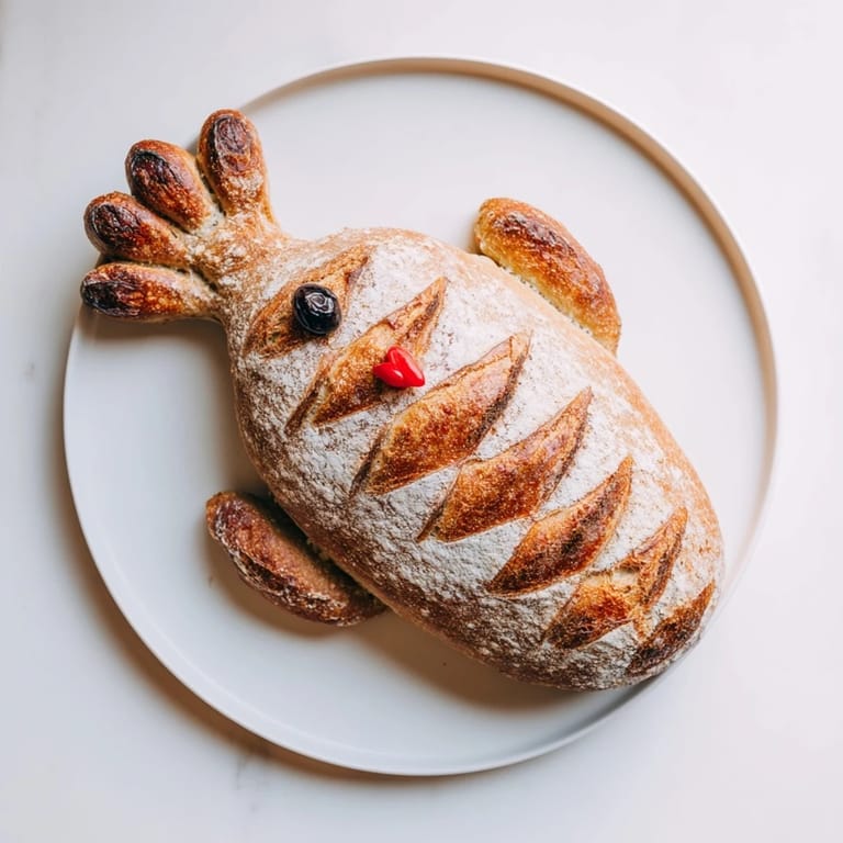 Artisan turkey sourdough bread shaped with a head and tail feathers, golden-brown and ready to slice for Thanksgiving dinner.