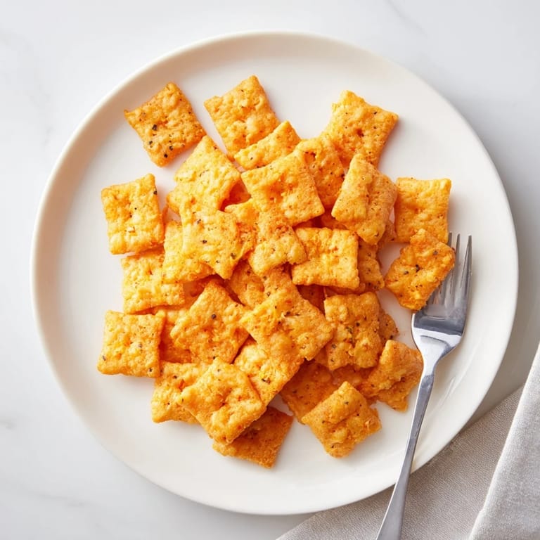 Golden, bite-sized squares of Crispy Cheeto Cheese Crackers scattered beside a glass of milk.