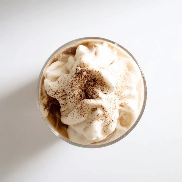 Café-style Dalgona coffee features thick, whipped instant coffee layered atop creamy milk, perfect for a homemade treat.