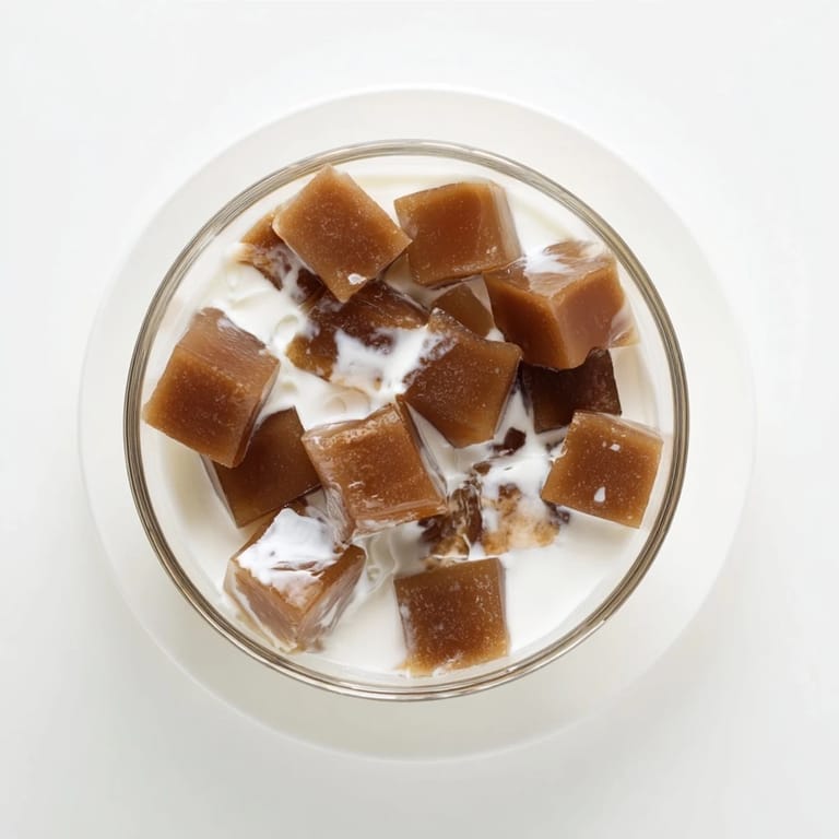 Chilled coffee jelly dessert layered in a glass with creamy topping and cocoa garnish.