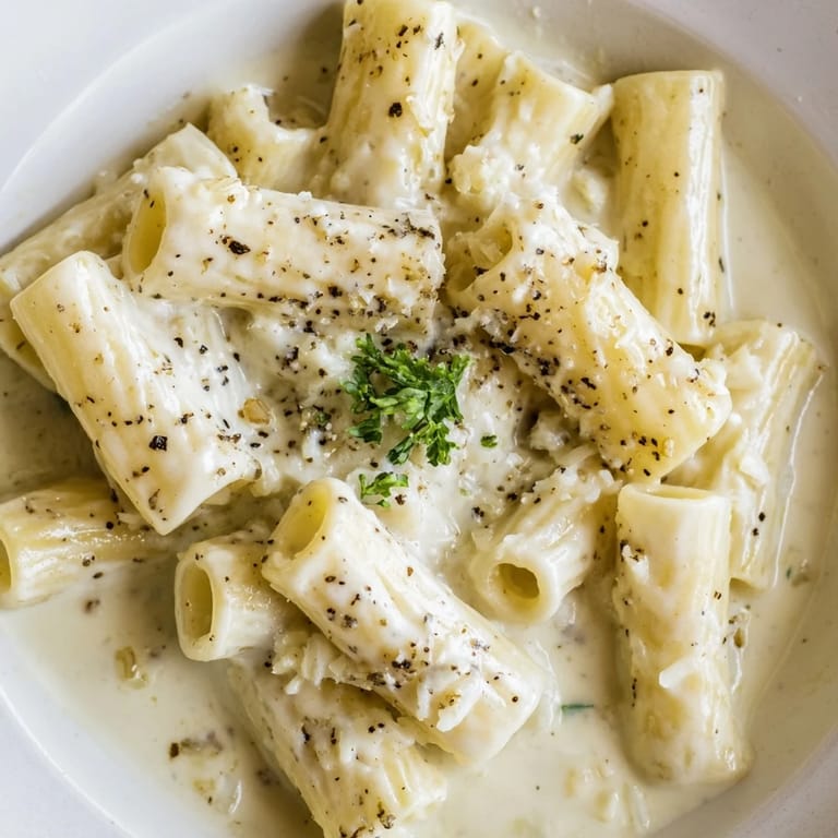 Overhead view of Creamy Milk Pasta One-Pot, showing the creamy texture from cooking pasta in milk, garnished with extra Parmesan and black pepper.