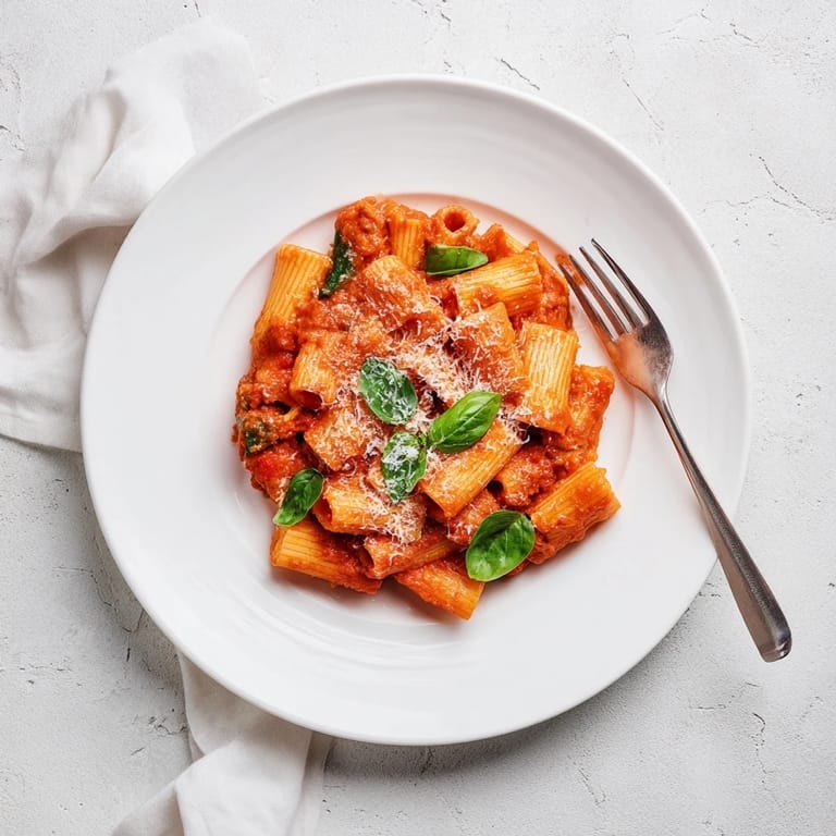 Perfectly blended sauce ready to coat pasta, garnished with fresh basil and a sprinkle of Parmesan for a family dinner.  