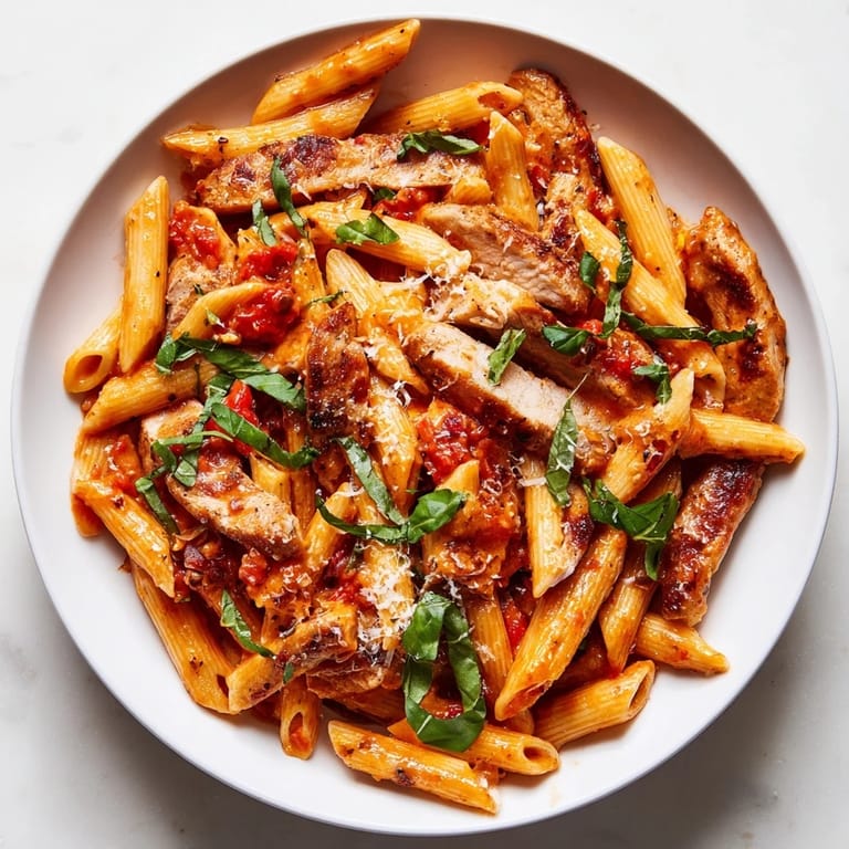 A close-up of Spicy Tomato Chicken Pasta featuring tender chicken, vibrant red sauce, and grated Parmesan cheese garnish.