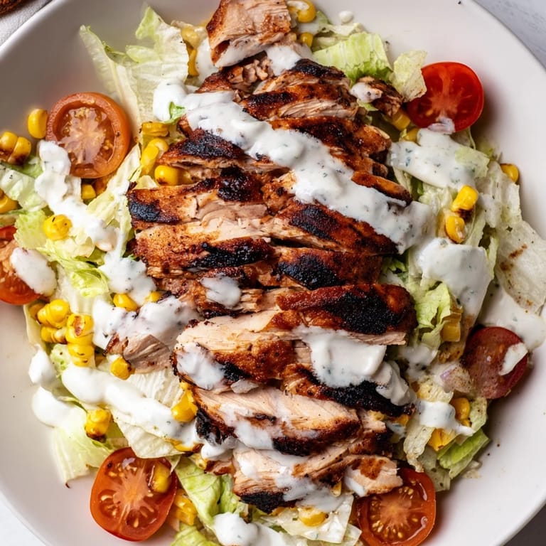 Vibrant BBQ Chicken Salad featuring charred corn, black beans, cherry tomatoes, and avocado slices on a bed of greens.