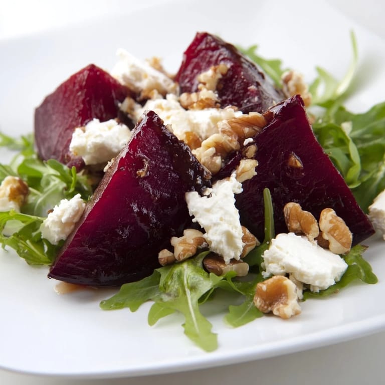A plated serving of the Roasted Beet Goat Cheese Salad, showcasing glossy beet wedges, herbs, and walnuts, ready to be enjoyed by U.S. home cooks.