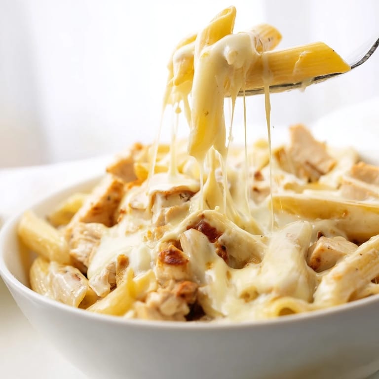 A comforting bowl of Chicken Ranch Pasta Bake, featuring tender chicken, al dente penne, and melted cheese, perfect for a family dinner.