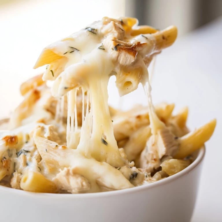 Freshly baked Chicken Ranch Pasta Bake topped with golden cheese and chives, a savory American casserole straight from the oven.
