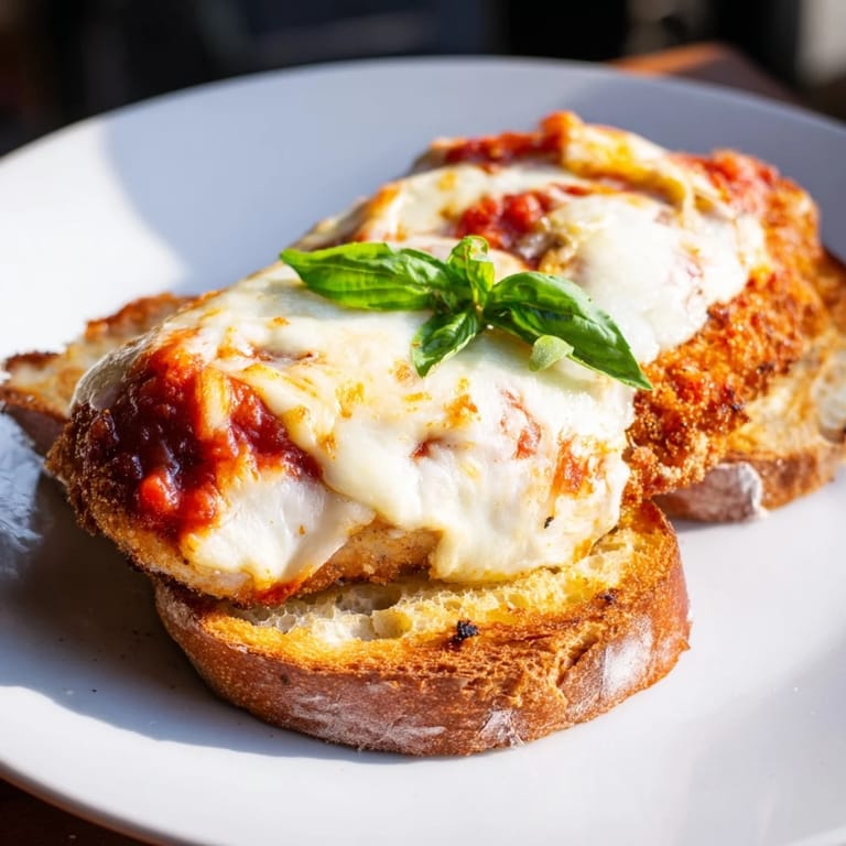 A warm, open-faced Chicken Parm Grilled Cheese ready to eat, paired with a side salad for a perfect Italian-American lunch.