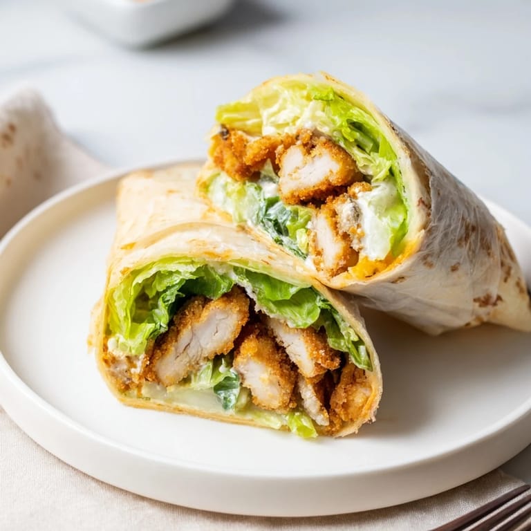 Freshly assembled Crispy Chicken Caesar Wrap features golden brown chicken, green lettuce, and creamy dressing on a soft tortilla, served with lemon wedges.