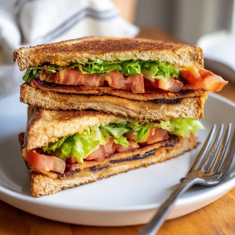 Vegan Bacon BLT Grilled Cheese on sourdough, featuring crispy tempeh bacon and ripe tomato on a buttery, golden crust.