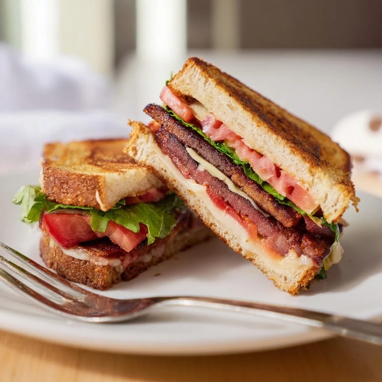 A hearty Vegan Bacon BLT Grilled Cheese, layered with smoky tempeh, crisp lettuce, juicy tomato, and melty vegan cheese.