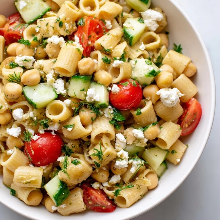 Bright and zesty lemon herb chickpea pasta salad served chilled with olives and feta, perfect for a light lunch or picnic.