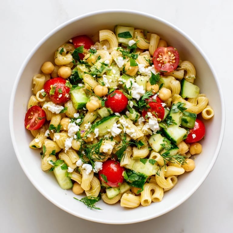 Fresh herbs and a tangy lemon dressing coat the chickpea pasta salad, featuring cucumbers and tomatoes for a vibrant side dish.