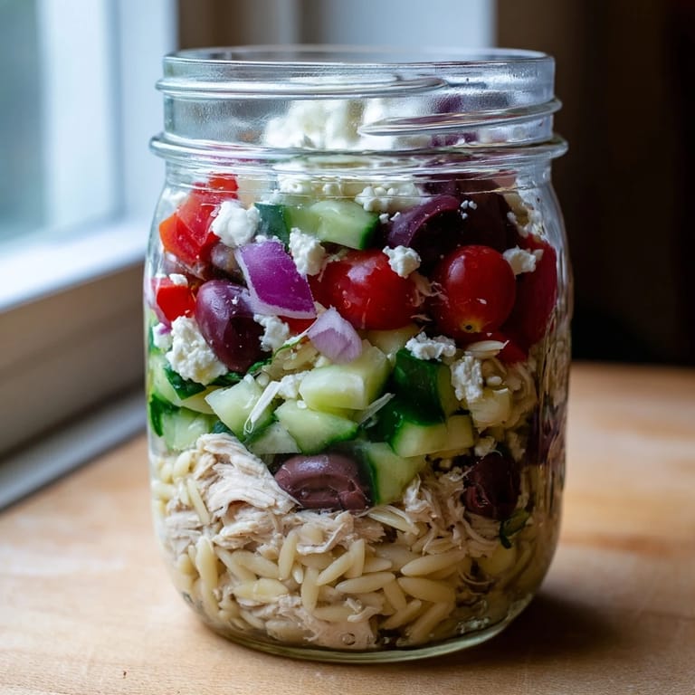 Clear view of Greek Pasta Chicken Salad Jars showing fresh red onion and cucumber over dressing, with orzo, chicken, and feta ready to shake.