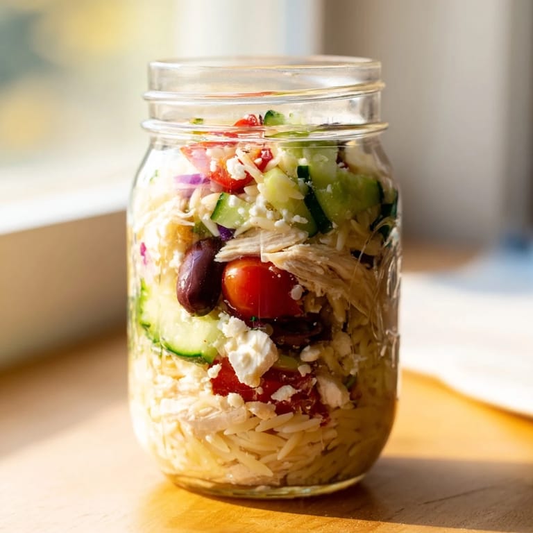 Tall glass mason jars filled with orzo, diced chicken, cherry tomatoes, Kalamata olives, and crumbled feta, topped with fresh parsley.