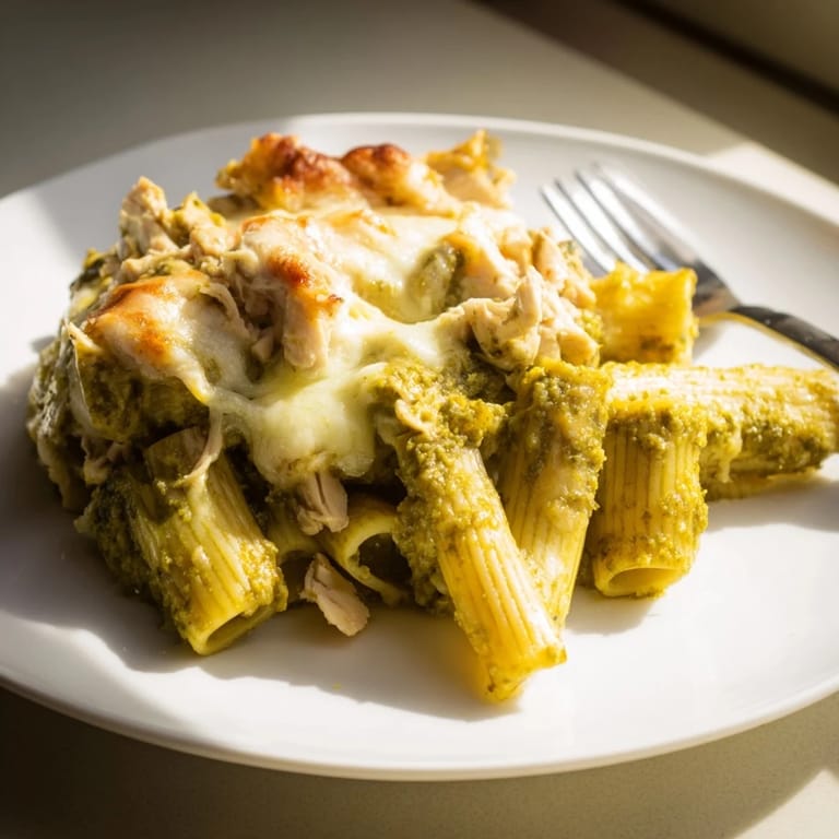 Family-style casserole of Pesto Chicken Pasta Bake served hot, ideal for a comforting weeknight dinner.