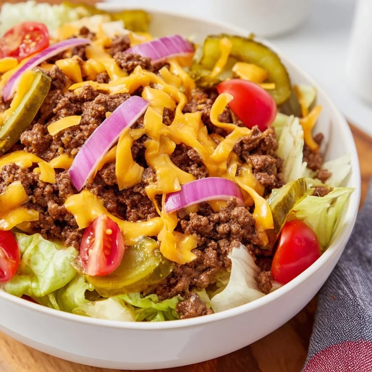 Freshly plated Easy Big Mac in a Bowl, drizzled with creamy special sauce for a low-carb meal.  