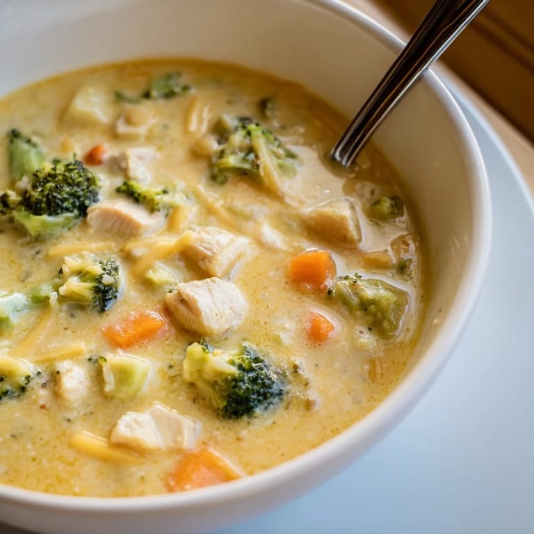 Rich golden Chicken Broccoli Cheddar Soup with shredded cheddar melting into a velvety broth, served hot in a rustic ceramic bowl. 