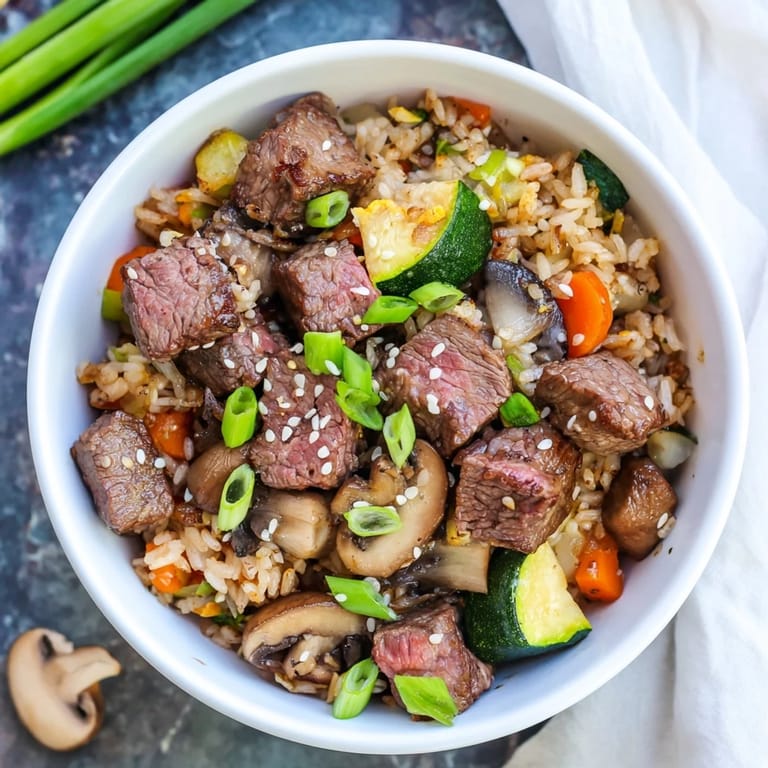 A hearty one-pan serving of easy hibachi steak with fried rice, garnished with fresh green onions and a drizzle of soy sauce.