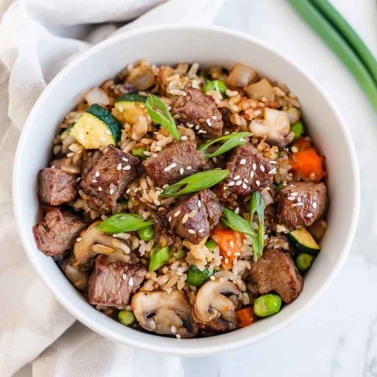 Sizzling hibachi steak with fried rice in a pan, featuring scrambled eggs, crisp veggies, and toasted sesame seeds for a family-style meal.