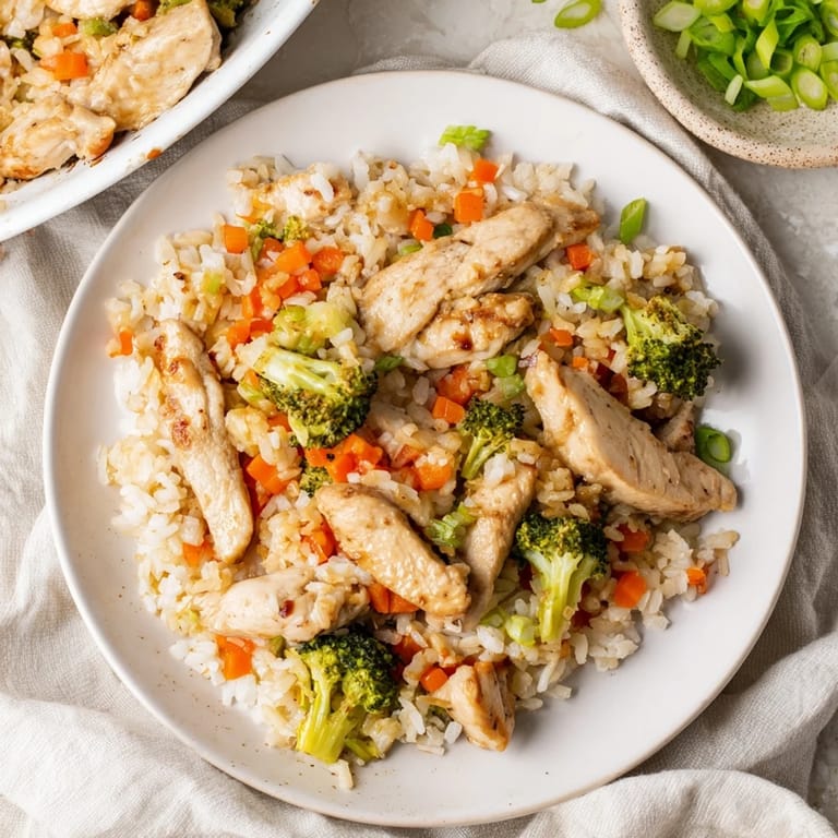 The finished One Pan Honey Garlic Chicken Broccoli Rice steams in a skillet, revealing golden chicken, bright green broccoli, and glistening grains coated in savory sauce.