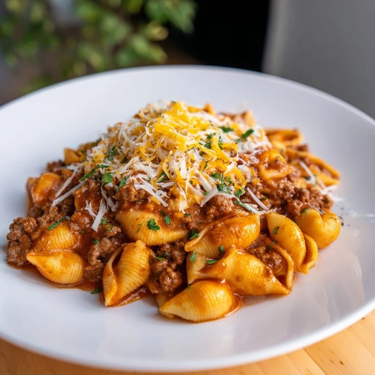 Freshly chopped parsley garnishes this hearty One Pot Creamy Beef and Shells, served hot for a satisfying weeknight family dinner.  