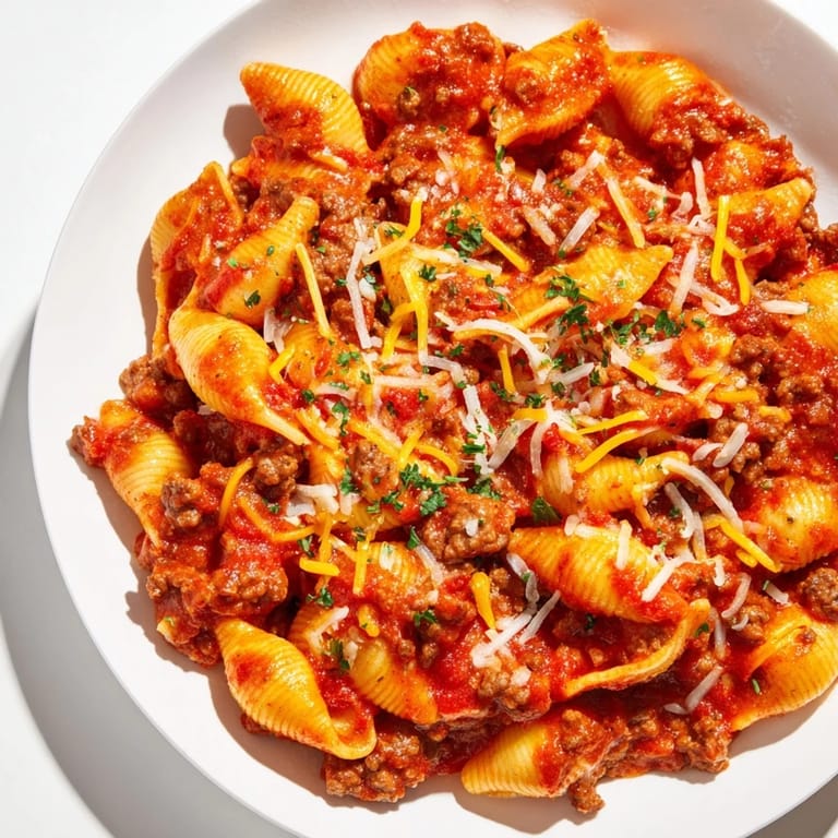 A single skillet of One Pot Creamy Beef and Shells with melted cheddar and Parmesan, bubbling alongside aromatics and pasta shells.