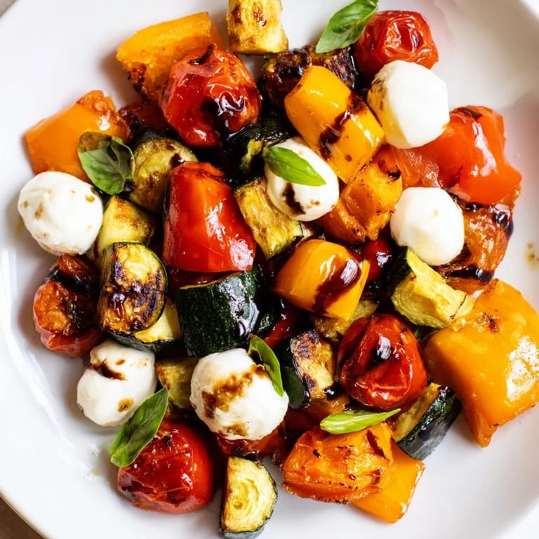 Torn fresh basil leaves and a rich balsamic drizzle adorn this Roasted Veggie Caprese Salad, featuring caramelized vegetables and mozzarella pearls served as a vibrant, light lunch option.