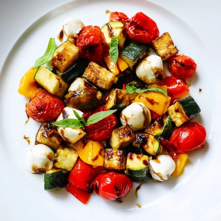 A close-up of Roasted Veggie Caprese Salad shows juicy halved cherry tomatoes and glossy mozzarella, with golden edges on the vegetables from the 425-degree oven roast.