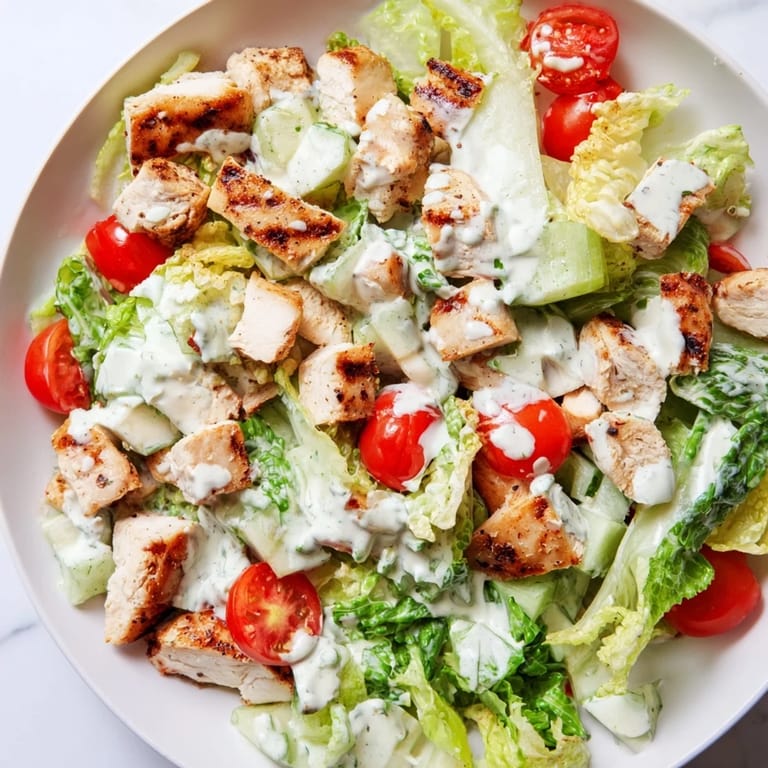 Serving suggestion for Jalapeño Ranch Chicken Salad: tender grilled chicken over crunchy romaine with cherry tomatoes, cucumber, and a spicy ranch drizzle.  