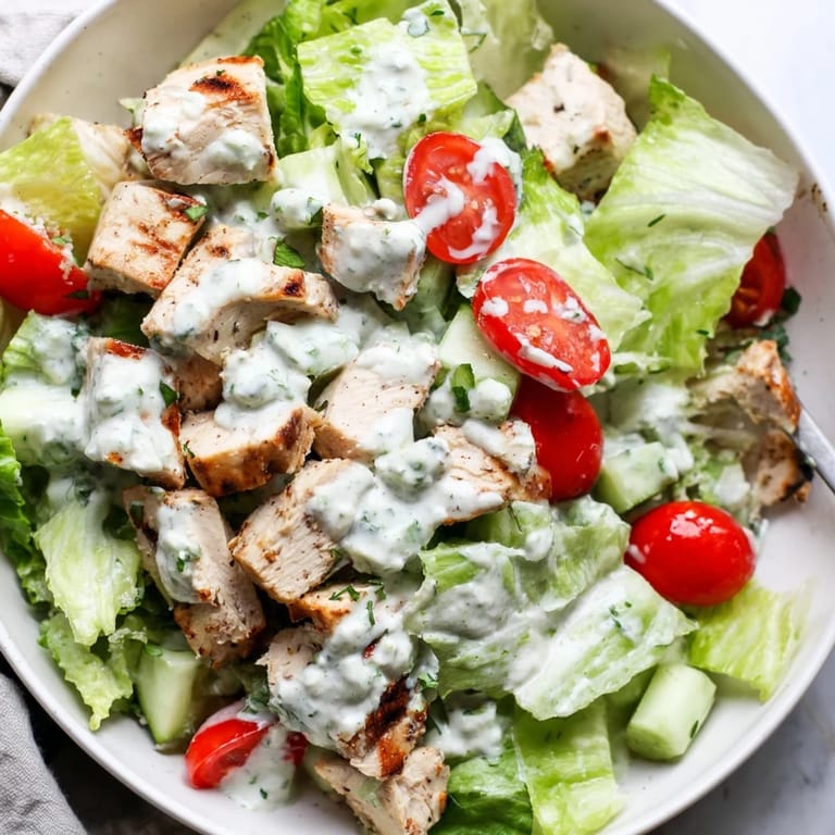 Hearty Jalapeño Ranch Chicken Salad with chopped chicken, crisp romaine, tomatoes, cucumbers, and a creamy, spicy jalapeño ranch dressing topping.