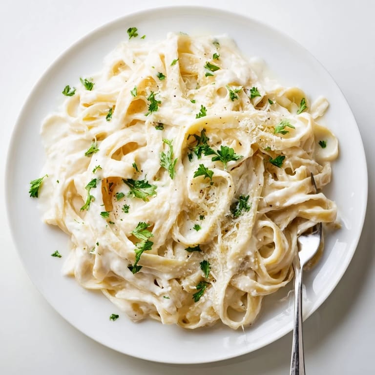 Steaming bowl of Easy Creamy Cauliflower Alfredo served with fresh parsley and a side salad, highlighting the light and healthy vegetarian comfort food.  
