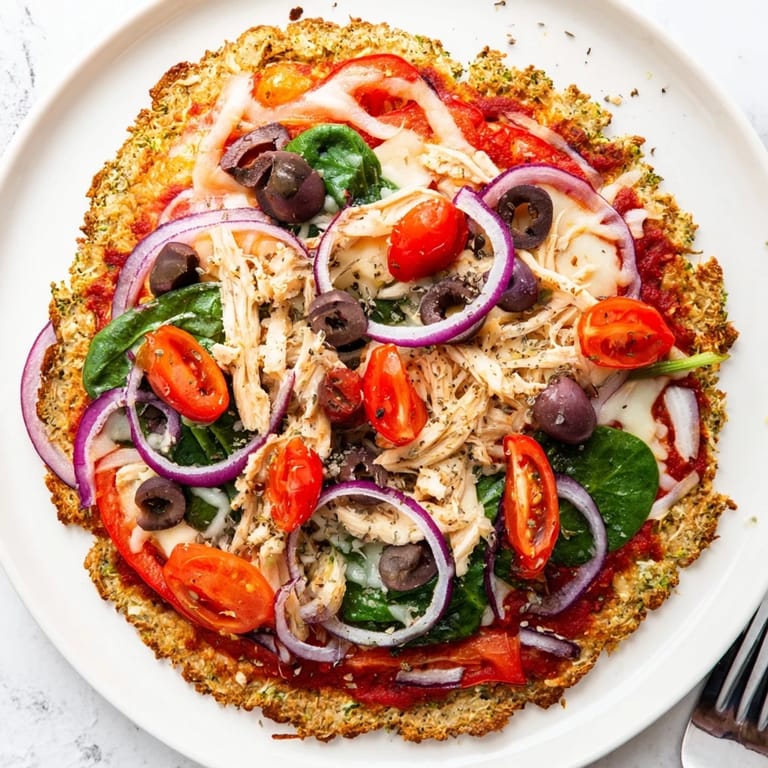 A slice of Broccoli Chicken Crust Pizza lifted to reveal melted mozzarella, red onion, and vibrant bell pepper.